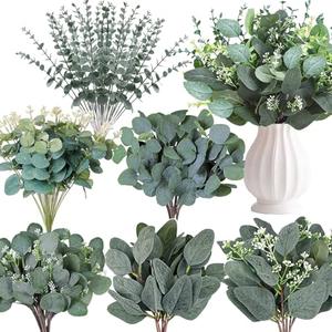 WONICE 120 Pcs 6 Kinds Mixed Eucalyptus Leaves Stems Bulk Artificial Silver Dollar Leaves Picks Dried Eucalyptus Bundle Faux Spray for Wedding Vase Bouquet Decor (Eucalyptus Leaves Stems-120)