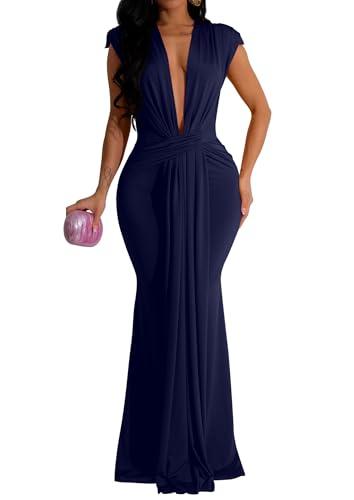 Memoriesea Women's Elegant Sleeveless Deep V Neck Bodycon Party Evening Gown Maxi Dress Dark Navy XL