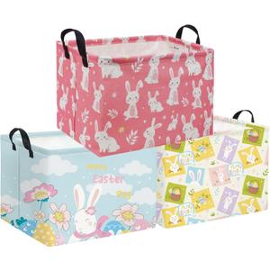 HIYAGON Rectangular Easter Basket Kids Storage Basket Baby Nursery Basket for Boys Bunny Room Decor Cute Toy Storage Organizer Bins Bedroom(3 Pack Easter)