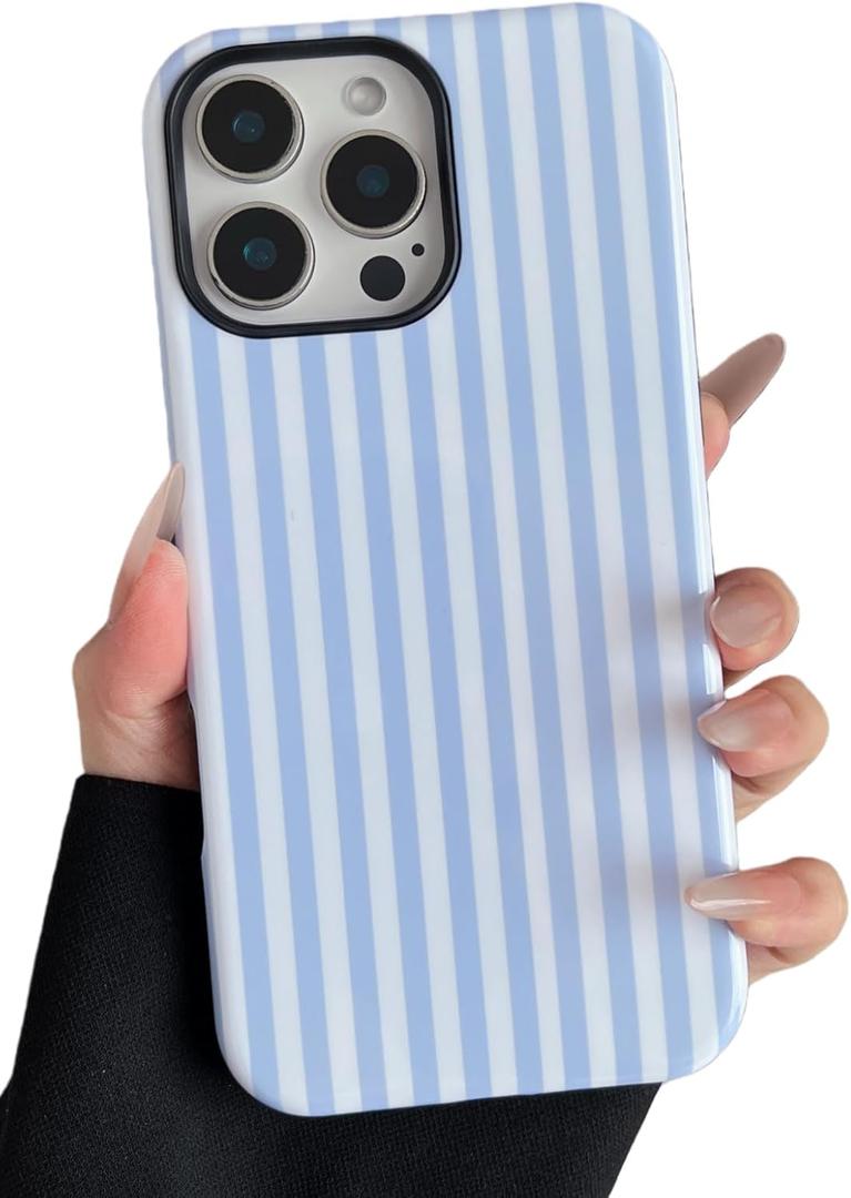 Compatible with iPhone 16 Pro Max Case Cute Aesthetic Striped Phone Case for Women Girl Shockproof Slim TPU and Hard PC Protective Cover (Light Blue)