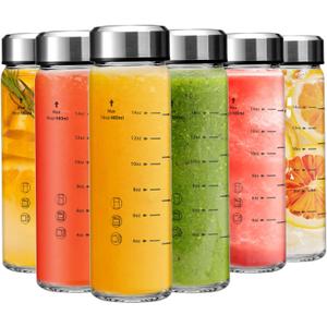 16oz Glass Juice Bottles - 6 Pack Wide Mouth Glass Bottles with Lids- BPA Free, Stainless Steel Lids for Juicing, Smoothies, Infused Water, Beverage Storage - Leakproof, Borosilicate, Clear