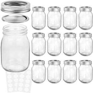 KAMOTA Mason Jars 12 oz With Regular Lids and Bands, Ideal for Jam, Honey, Wedding Favors, Shower Favors, DIY Spice Jars, 12 PACK, 20 Whiteboard Labels Included