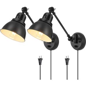 GOODATE Plug in Wall Sconces Set of 2, ENCOMLI Wall Sconce Lighting with Dimmable On Off Switch, Swing Arm Wall Lamp, Black Metal Industrial Wall Light Fixtures, Safety E26 Base, 6FT Plug in Cord