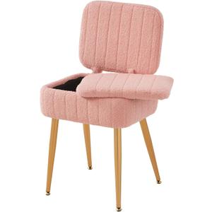 Updated Vanity Chair, Storage Ottoman with Folding Back & Gold-Toned Metal Legs, Ottoman Seat with Teddy Velvet for Dressing Room Living Room Bedroom, 16" x 12.5" Inch (Pink)