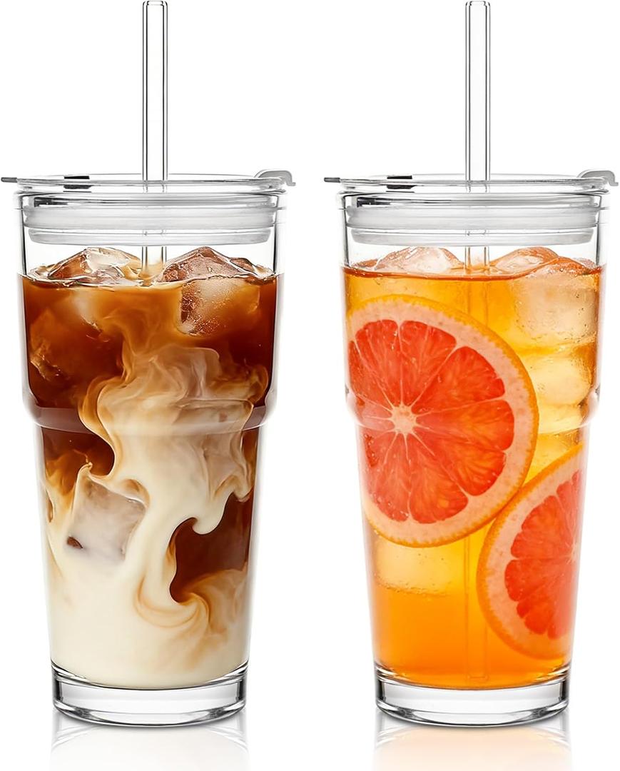 SoulTimes 20oz Glass Tumbler with Lid and Glass Straw Set of 2, Clear Reusable Iced Coffee Cup, Drinking Glass for Coffee, Tea, Juice, Smoothies Durable & Elegant Glassware