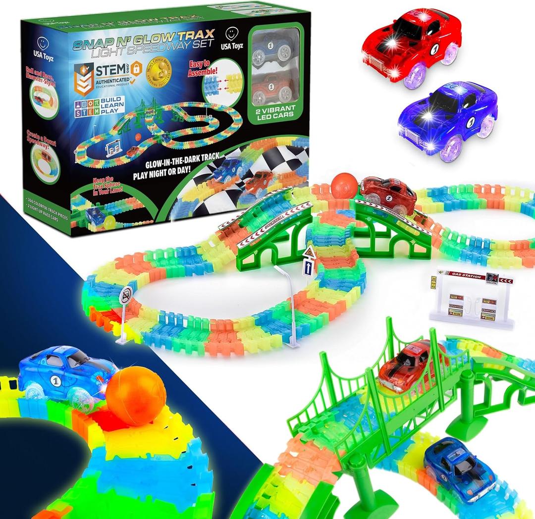 USA Toyz Glow Trax Glow in The Dark Race Tracks for Kids- Speedway Race Car Track Set with 360pk Flexible Roads, Bridges, Ramps, Play Set STEM Building Toys for Boys and Girls