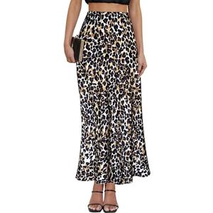 Women's Satin Maxi Skirt High Waisted Elastic Waistband Silk A-Line Casual Party Leopard Print Long Skirts for Women (Leopard Khaki, Medium)