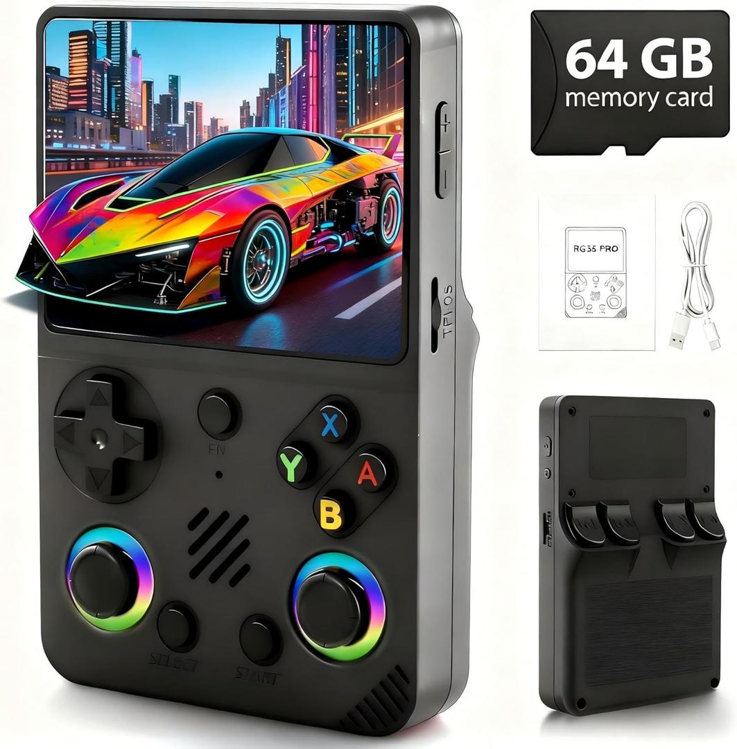 RG36PRO Handheld Game Console - Support 30000+Classic Games, 64G TF Card, Open Source System, 3.5-Inch Screen, 3000mAh Battery, Portable Console for Travel, Gift for Adult or Partner-Black