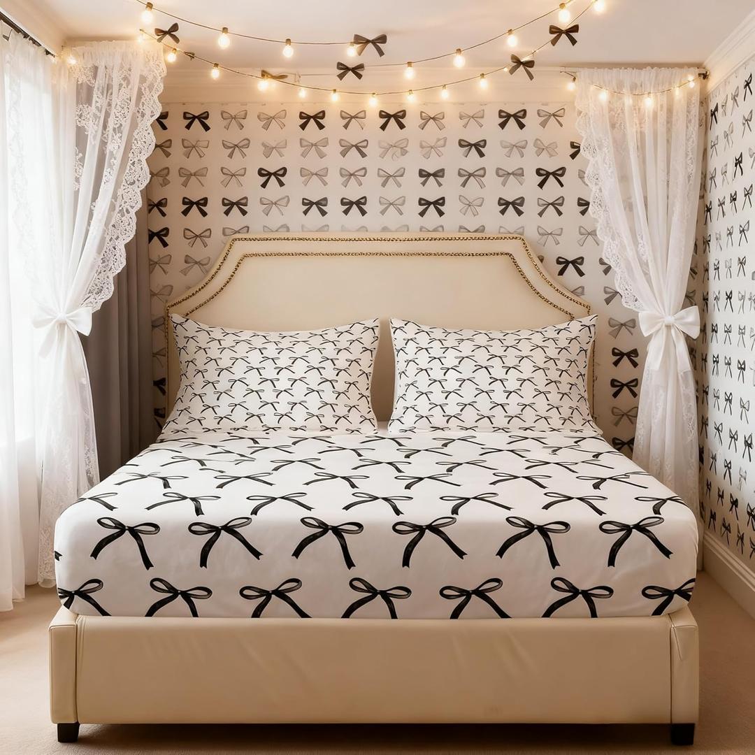 Manfei Cartoon Bowknot Kids Fitted Sheet Full Size,Bow Tie Geometric Patchwork Modern Bedding Set,Girls Women Room Decor,Bow Butterfly Knot Bed Cover,Black White Simple Bed Sheet,2 Pillowcases (Full (54*75*16"))