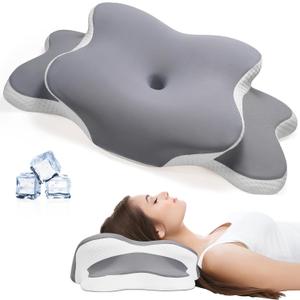 Neck Pain Relief Pillow - Ergonomic Cervical Support with Dual-Height Butterfly Contour Memory Foam & Cooling Ice Silk Cover for Side and Back Sleepers,Grey (24.4*14.96*5.11 inch, Gray)