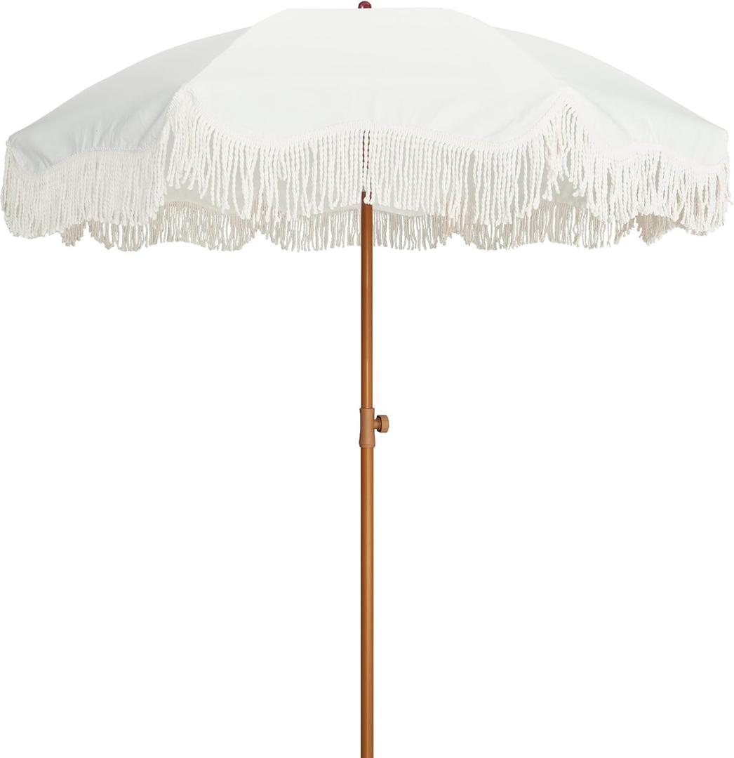  Boho Fringe Umbrella, 6.5ft Outdoor Umbrella with Tassel
Boho Chic Style, UPF 50+ Sun Protection, Steel Pole, Push Button Tilt, Easy to Set Up, for Party Picnic Beach, Antique White