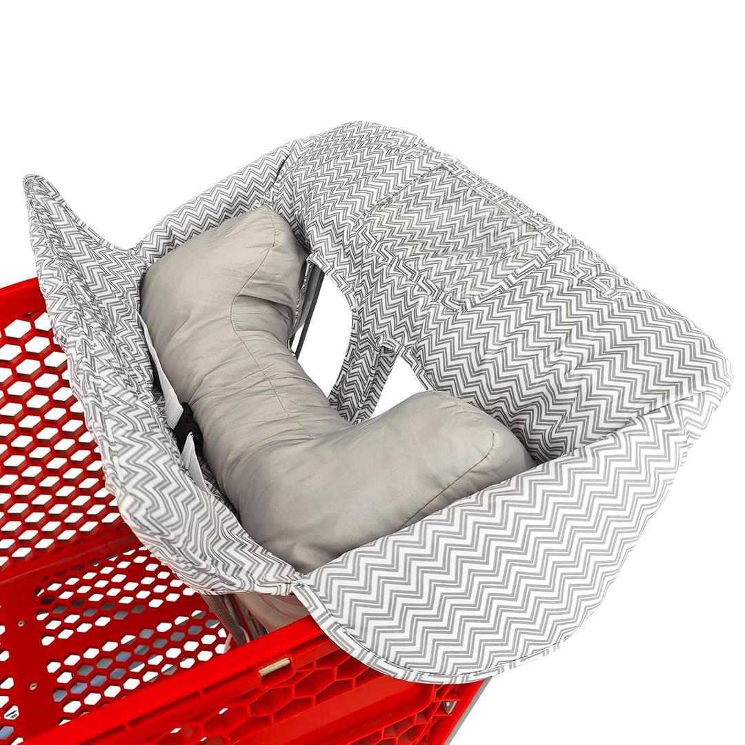 Love&go Soft Pillow Attached 2-in-1 Shopping Cart and High Chair Cover for Baby, Cotton Padded Cart Cover, Fold'n Roll Style, Portable with Carry Bag (Gray Chevron)