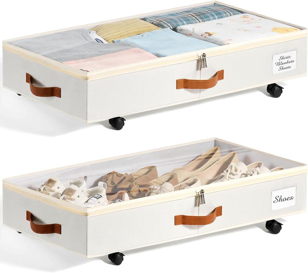 Under Bed Storage with Wheels Set of 2, Underbed Storage Container with Clear Lid Cover, 6.7 Inches Height Rolling Under Bed Drawer Storage Basket Bin Shoe Organizer for Cloth Sheet Sweater (Beige)