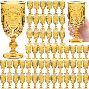 60 Pack Plastic Goblets 10oz Upgrade Vintage Water Goblet Plastic Wine Glasses Colored Retro Embossed Glassware for Party Wine Bar Juice Baby Shower Wedding Reception Grand (Amber)