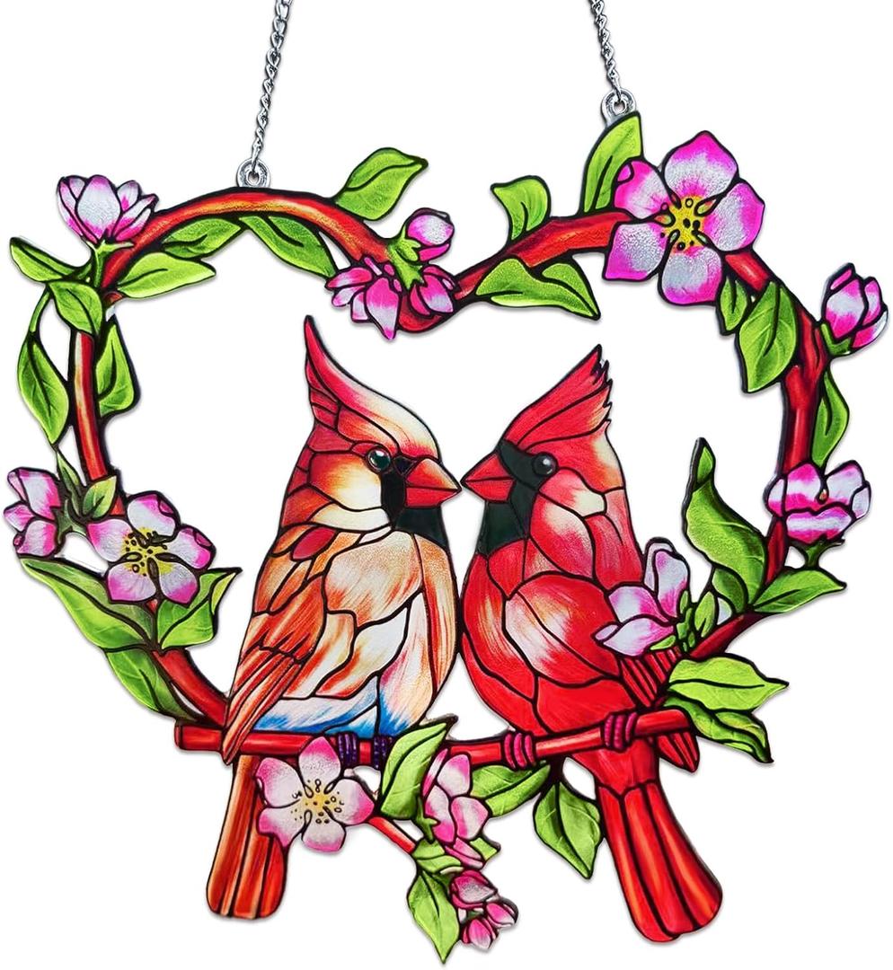 Stained Glass Window Hanging Cardinal Suncatcher, Red Cardinal Gifts for Women, velaboll 10 inch Cardinal Decor for Home Decor, Garden, Patio, Gift for Nature and Bird Lovers