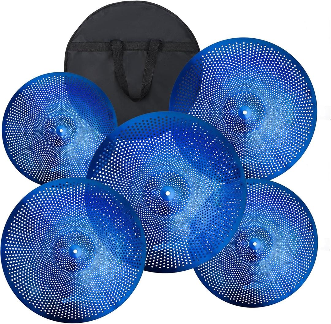 Low Volume Cymbal Pack - 5 Piece Set with Mute Cymbals, 14" Hihats, 16" & 18" Crashes, 20" Ride, Blue