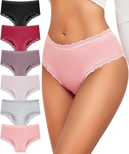 FINETOO 6 Pack Cotton Underwear for Women Cute Bikini Panties Sexy Lace Waist Briefs Soft Breathable Women's Cheeky M