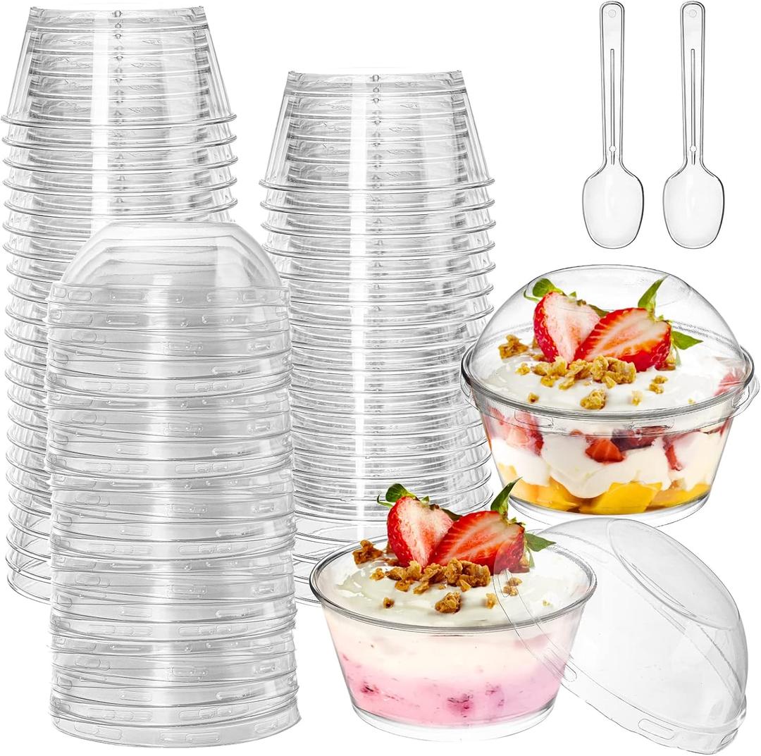 Foraineam 100 Pack 5 oz. Thick Plastic Dessert Cups with 100 Lids and 100 Spoons, Mini Clear Ice Cream Bowl Parfait Party Cups, Reusable Snack Serving Bowls for Desserts, Appetizers, Puddings, Fruits