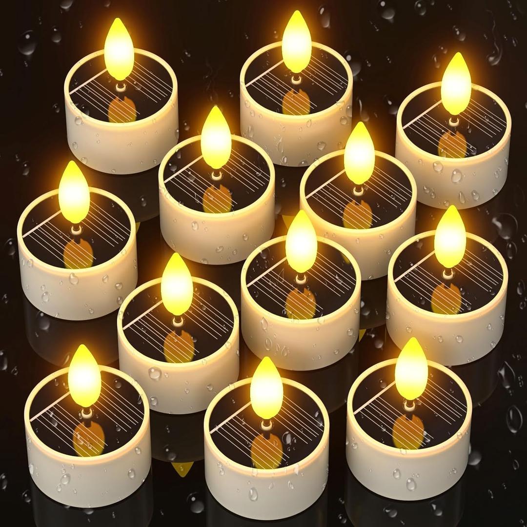SoulBay Solar Tea Lights Outdoor Waterproof, 12 pcs 1.5" D x 2.1" Reusable Dusk to Dawn Flickering Small LED Tealight Candles, Flameless Votive Candle for Lanterns Patio Garden Camping Dcor