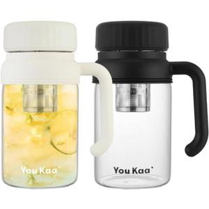 32oz Glass Water Bottle, Tea Bottle with Infuser & Handle, BPA-Free Leakproof Wide Mouth Large Tea Infuser cup for Hot or Cold Drinks, Loose, Fruit (White+Black)