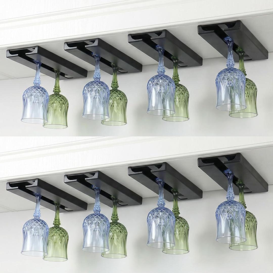 8 Pack Wine Glass Holder Under Cabinet Rack - Black Plastic Stemware Hangers for Kitchen, Bar, Restaurant Storage - Space Saving No Drill Installation
