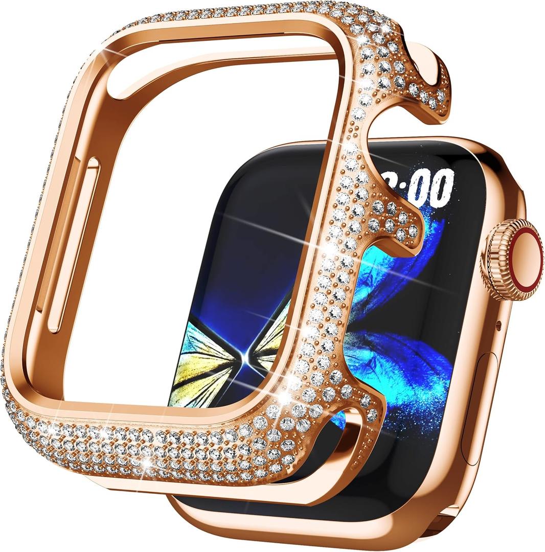 Bling Cases Compatible with Apple Watch 40mm SE/Series 6 5 4, Stainless Metal Protective Case with Sparkling Rhinestones Diamond Bezel Cover Case for Women Girl, Rose Gold