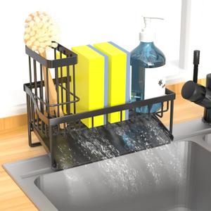 Vanwood Sink Caddy Sponge Holder for Kitchen Sink with Brush Holder, Kitchen Cocina Organizer and Storage Dish Soap Sponge Caddy with Auto Stainless Steel Draining Tray for Counter (Mattle Black)