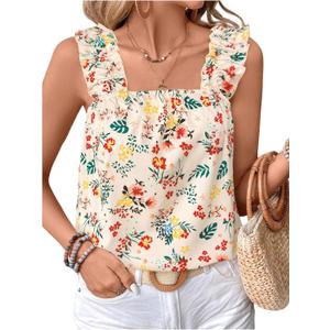 SweatyRocks Women's Sleeveless Square Neck Floral Print Ruffled Ruched Wide Strap Tank Top Blouse (M)