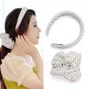 XYNAME Headband and Scrunchie Set for Women 2Pack Hair Ties for Girls Elastics Bands Ponytail Holder Hair Accessories White Dot