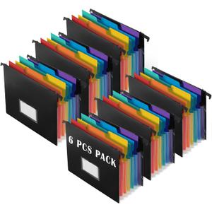 TRANBO 7-Pockets Hanging File Folder with Retractable Hooks for Filing Cabinet, Letter Size Expandable Accordion File Organizer with Elastic Band for File Frame or On-The-Go Use (6 Pack)