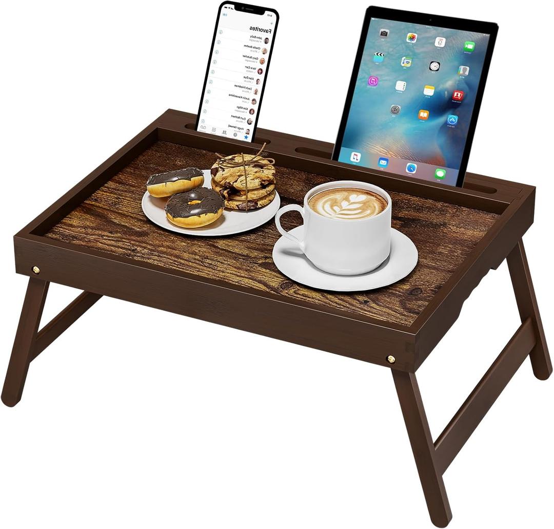 Bamboo Breakfast Tray with Foldable Legs & Detachable Stand | Ergonomic Handle | Portable Bed Tray for Eating, Working, Laptop, Tablet, and PhoneVintage Walnut (Medium, Regular)