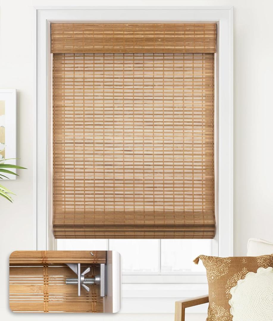 LazBlinds No Tools No Drill Cordless Bamboo Roman Shades, Light Filtering Window Treatment, Roll Up Bamboo Blinds for Window 35'' W x 64'' H, Squirrel