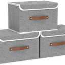 Yawinhe Collapsible Storage Bin, Cube Organizer Basket, Fabric Box with Lids, Washable and Leather Handle, for Home, Closet, Grey, 15.0''Lx9.8''Wx9.8''H, 3-Pack, USNK024GL-3