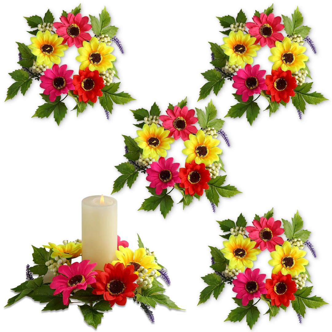 Maysing 4 Pcs Flower Candle Rings 3.15 Inch Center Spring Wreath Rings Daisy Floral Pillar Candle Holder Wreaths for Tapers Candelabra Wedding Party Home Table Centerpieces
