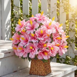 12 Bundles Artificial Hibiscus Flowers for Outdoor Decoration Fake Tropical Flowers UV Resistant Faux Silk Planter for Outside Porch Spring Front Door Decor (Pink)