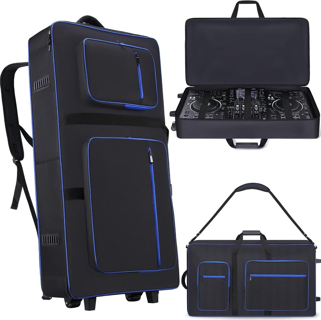 DJ Controller Case with Wheels Compatible with XDJ-AZ, Rolling DJ Travel Gig Bag with 10MM Soft Padded & Multi-pocket for DJ Controller & Accessories (with Wheels), 36.2 x 21.3 x 5.9 inches