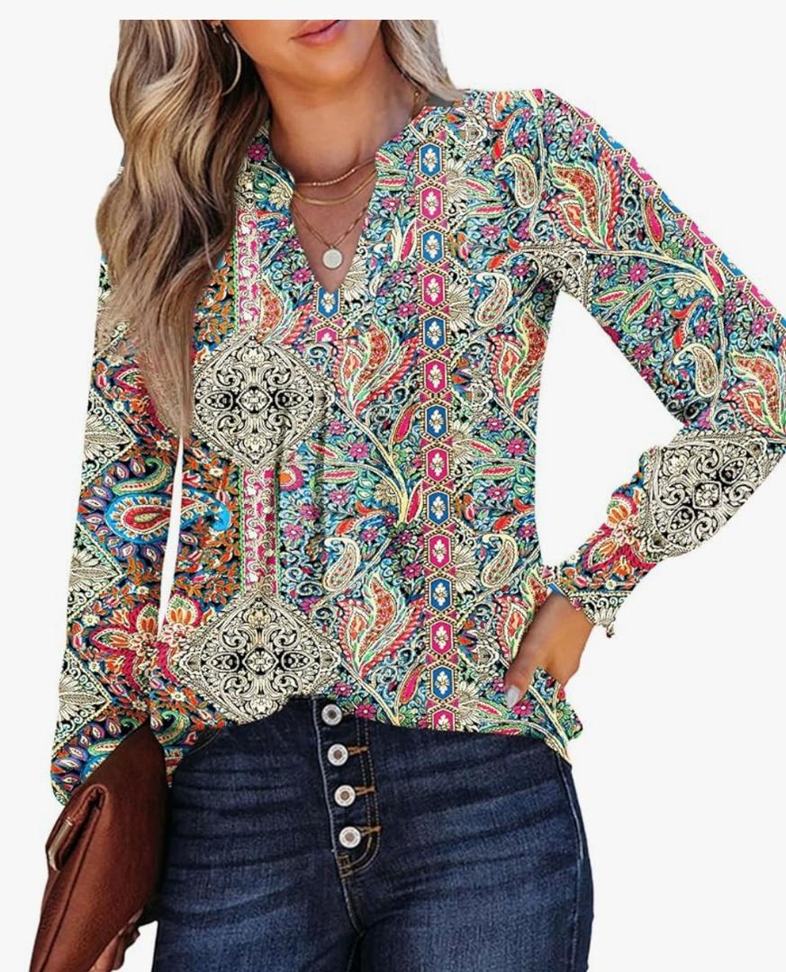 Bashafo Long Sleeve Shirts Women Spring Fashion 2026 Business Casual Top Trendy Dressy Blouse Cute Work Old Money Red and Blue Pattern XL