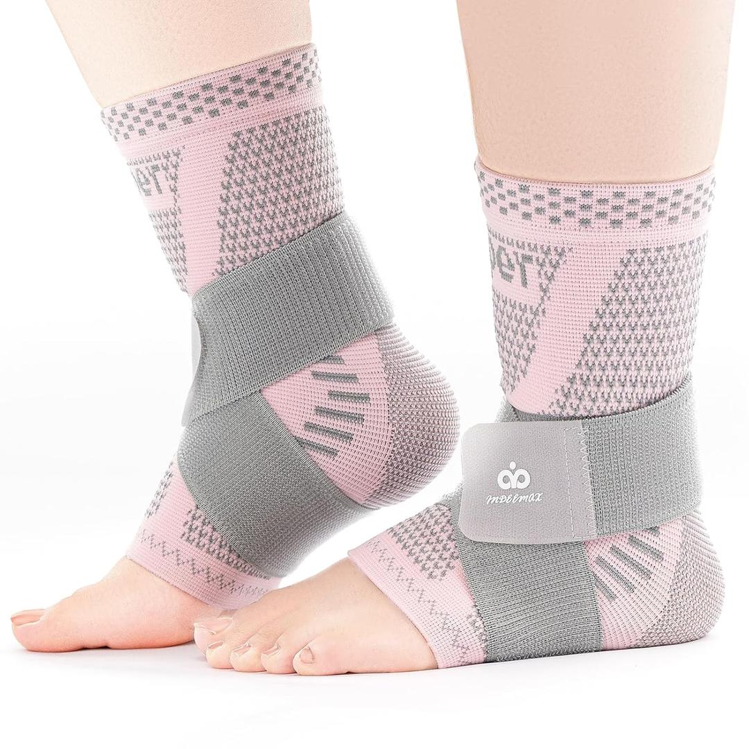INDEEMAX Ankle Brace for Sprained Ankle Compression Sleeve, 2 Pack Copper Infused Ankle Support Brace for Women & Men, Plantar Fasciitis Relief Achilles Tendonitis, Sports Running, Pink Silver, XL