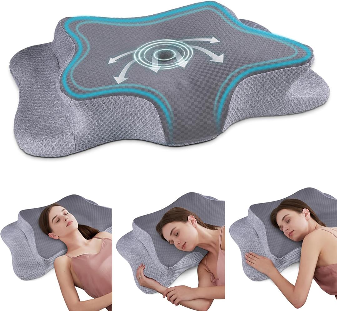 CHxxy Cervical Neck Pillow for Pain Relief Sleeping, Memory Foam Pillows, Ergonomic Side Sleeper Pillows, Cooling Orthopedic Neck Support Pillow for Back Stomach Sleepers-Queen Size Grey&Grey