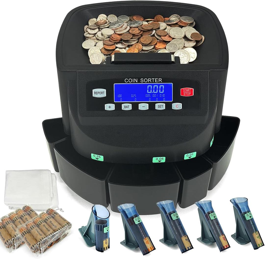 Professional USD Coin Counter and Sorter with LCD Display,Coin Sorter Machine for USD Coin 151025$1, 2000-coin Capacity,300 Coins/min,Automatic Change Counter,5 Bins,5 Tubes (+96 Wrappers+Cover)