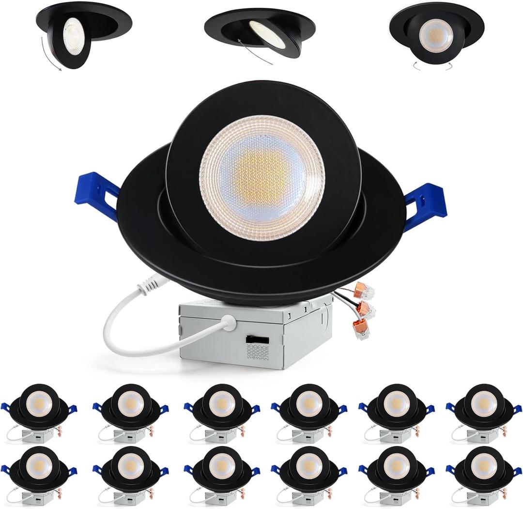 Adetu Recessed Lighting 6 inch, 360+90 Adjustable Directional 6 inch 5CCT Gimbal Black Led Recessed Lighting, 2700K-5000K Dimmable Retrofit Eyeball Can Recessed Lights with Jbox, ETBlack-12 Pack