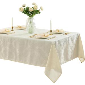 Newbridge Barcelona Luxury Damask Fabric Tablecloth, 60” Wide x 84” Rectangle, Antique White, 100% Polyester, No Iron, Soil Resistant Dining Room, Party and Banquet Table Cover