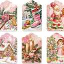2 x 60PCS Christmas Gift Tags Pink- Hanging Tags Labels with String for Xmas Winter DIY Christmas Holiday Party Gift 6 Designs