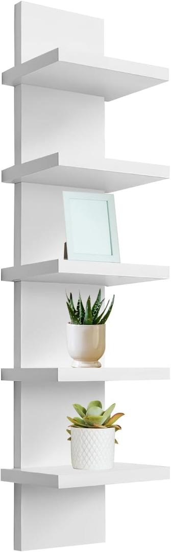 5 Tier White Wall Shelf Unit Narrow Smooth Laminate Finish Vertical Column Wall Decor Mount Floating Storage Home Decor Organizer