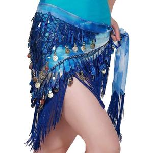 Lauthen.S Belly Dance Hip Scarf with Tassels Sequins, Triangle Coins Wrap Skirt Music Festival Clothing (Royal Blue)