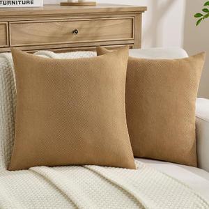 FUTEI Pack of 2 Chevron Chenille Throw Pillow Covers 18x18 Inch Soft Herringbone Texture Solid Decorative Cushion Case Farmhouse Home Decor for Couch Bed Living Room, Camel
