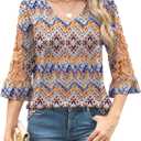 Rapbin 3/4 Length Sleeve Womens Tops Summer Lace Ruffles Sleeve T Shirts V-Neck Dressy Casual Trendy Tunic Blouses (M)