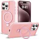 Compatible with iPhone 15 Pro Max Case with Invisible Magnetic O-Ring Stand Military-Grade Translucent Case for iPhone 15 ProMax 6.7" [Compatible with Mag-Safe][Great Grip Feeling], Pink
