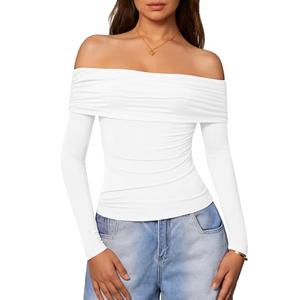 Aprilake Women's Sexy Off Shoulder Tops Casual Long Sleeve Slim Fitted Trendy Y2k Going Out Shirts White, M