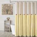 Farmhouse Shower Curtain Linen Button Woven Fabric Country Rustic Western, Pleated Yellow Stripe 72" W x 72" L